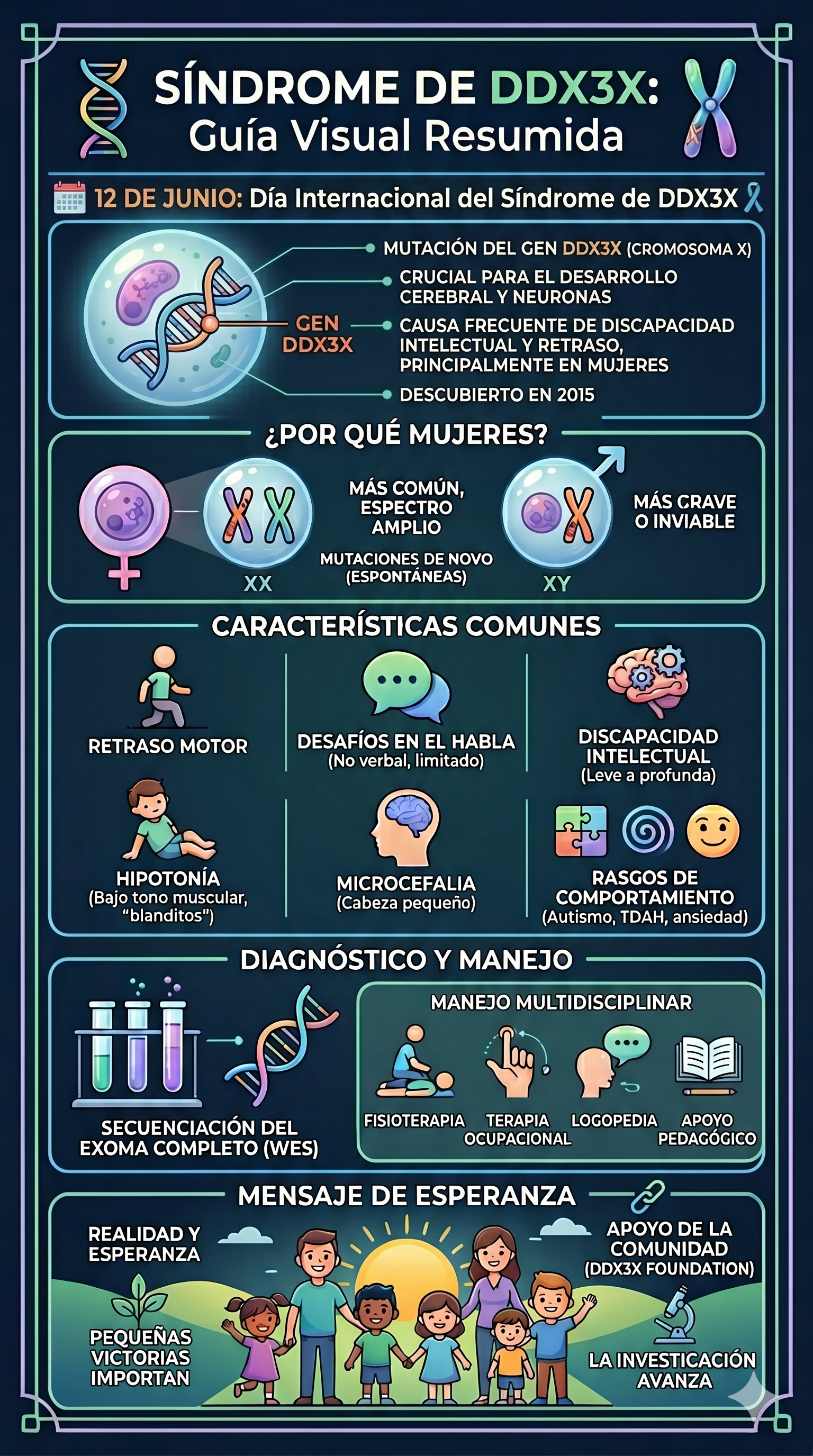 Imagen resumen del síndrome DDX3X y su día mundial el 12 de junio - Generada con Gemini IA