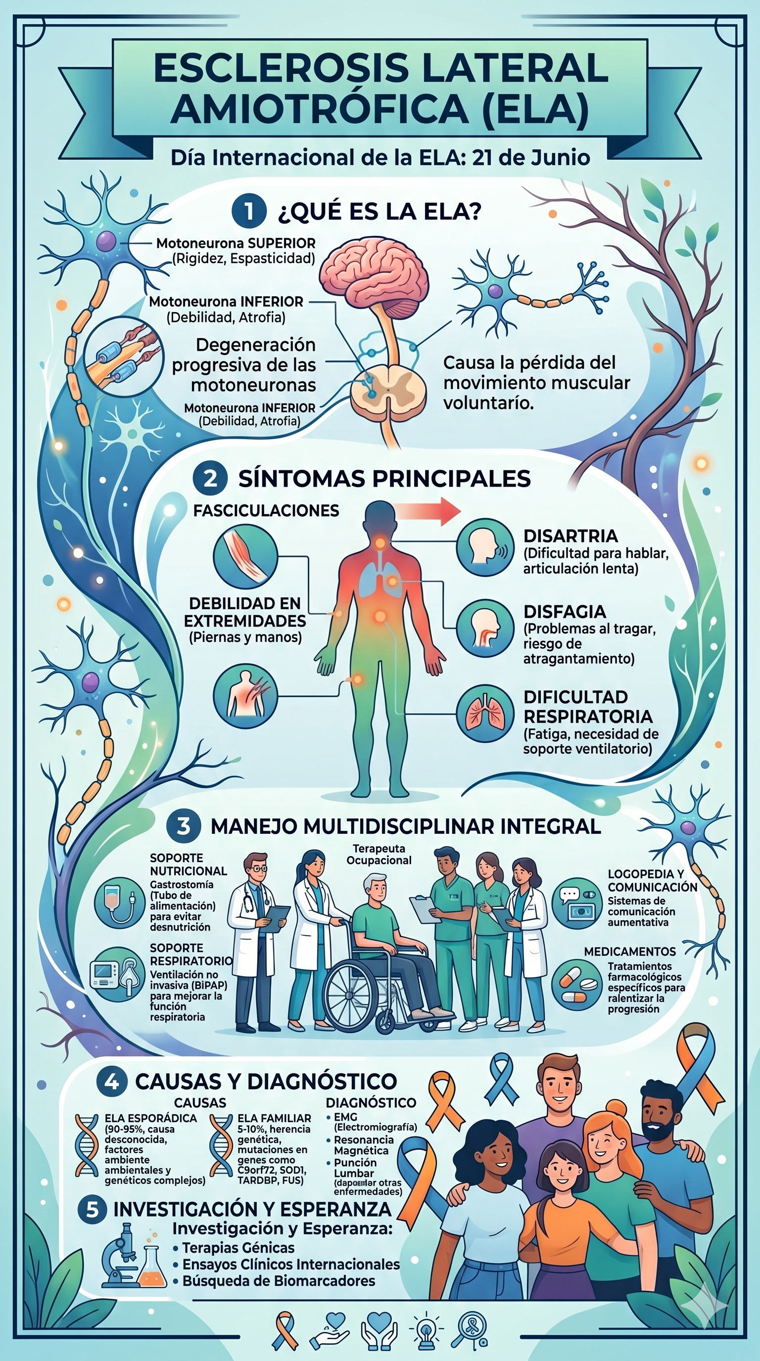 Imagen resumen sobre la Esclerosis Lateral Amiotrófica en su día internacional - generada con Gemini IA