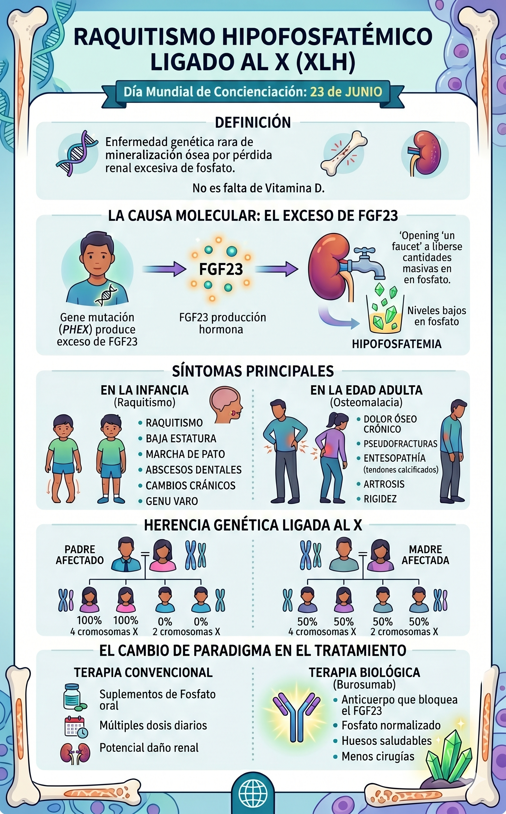 Imagen resumen sobre el raquitismo hipofosfatemico ligado al X en su día internacional - generada con Gemini IA