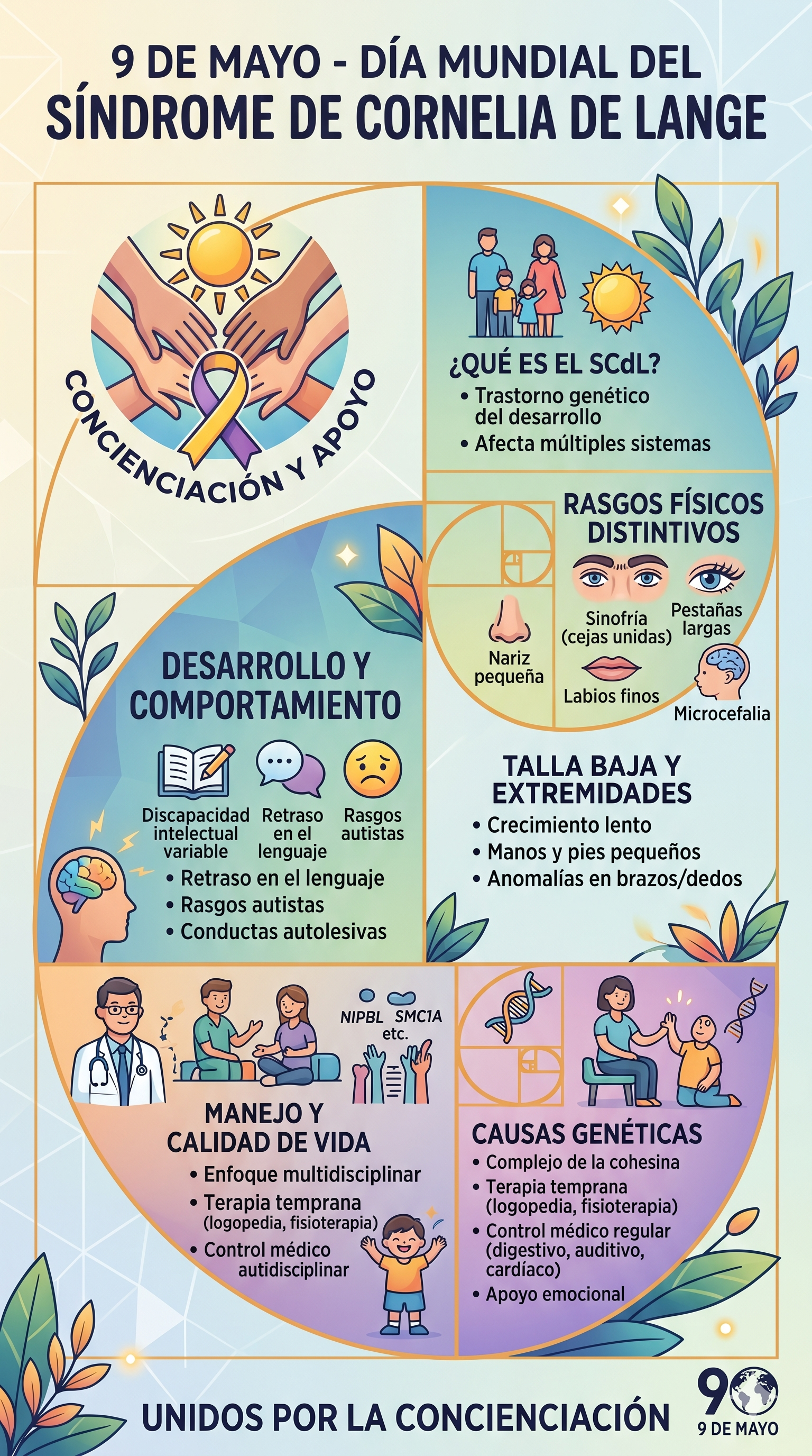 Imagen resumen del Síndrome de Cornelia de Lange y su día mundial el 9 de mayo - Generada con Gemini IA
