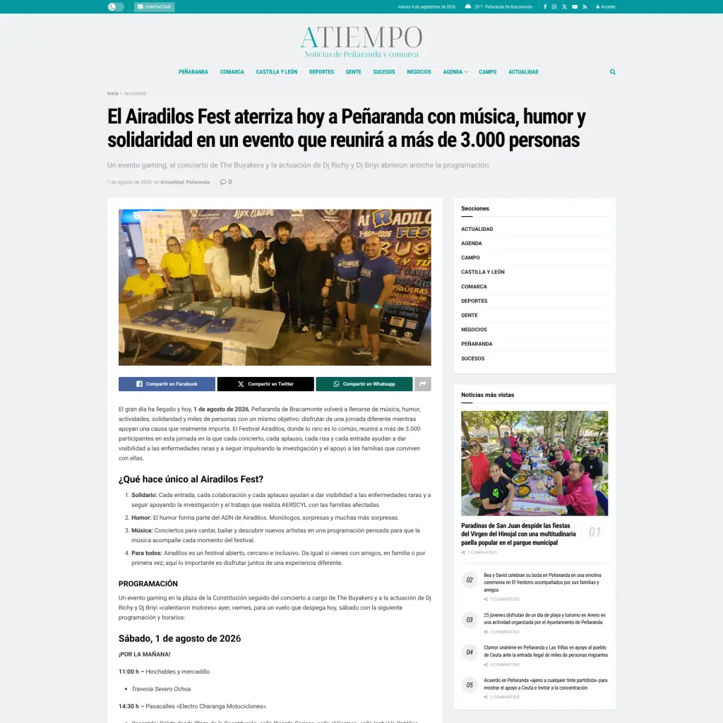 El Airadilos Fest aterriza hoy a Peñaranda con música, humor y solidaridad en un evento que reunirá a más de 3.000 personas
