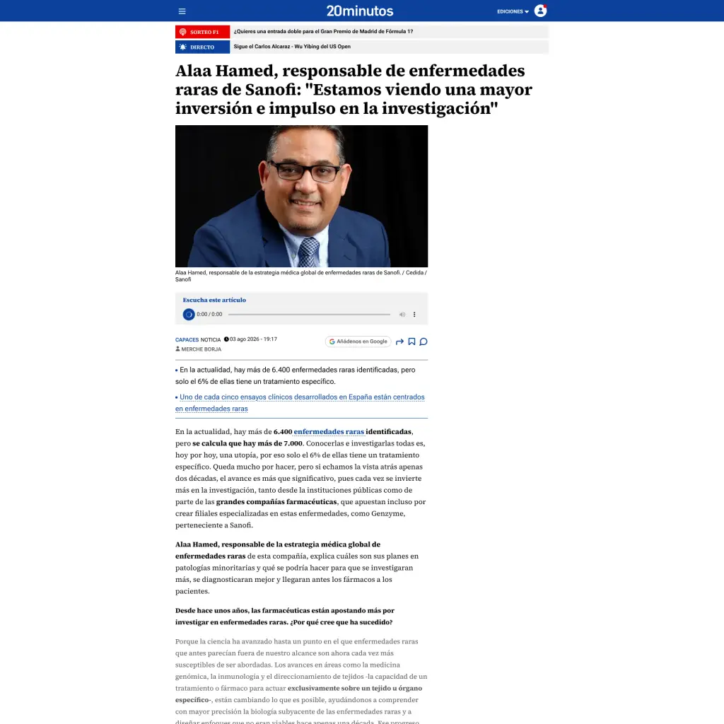 Alaa Hamed, responsable de enfermedades raras de Sanofi: "Estamos viendo una mayor inversión e impulso en la investigación"