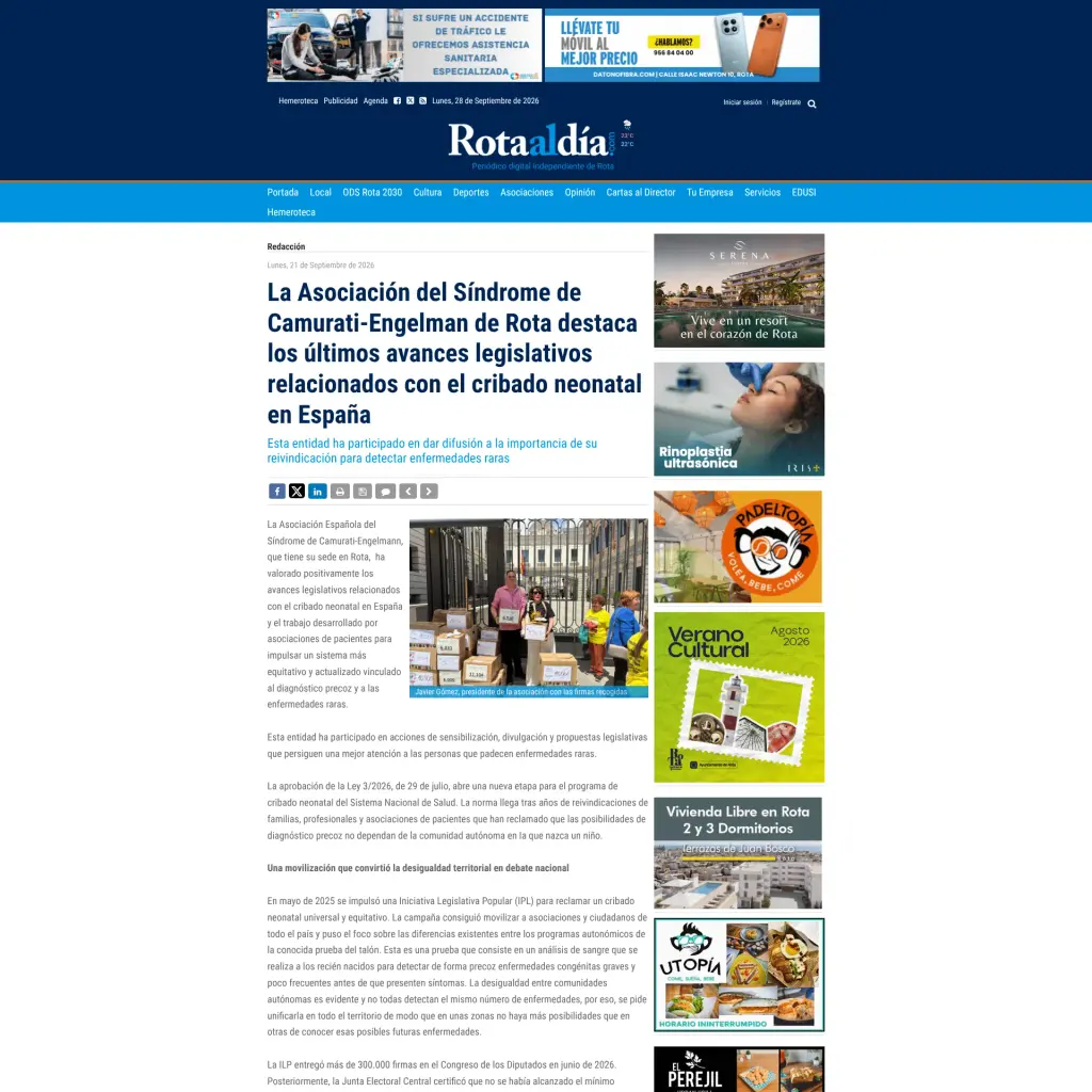 La Asociación del Síndrome de Camurati-Engelman de Rota destaca los últimos avances legislativos relacionados con el cribado neonatal en España