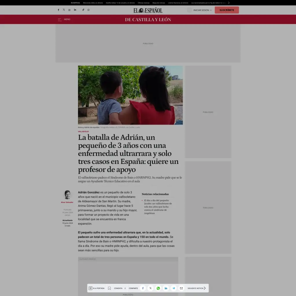 La batalla de Adrián, un pequeño de 3 años con una enfermedad ultrarrara y solo tres casos en España: quiere un profesor de apoyo