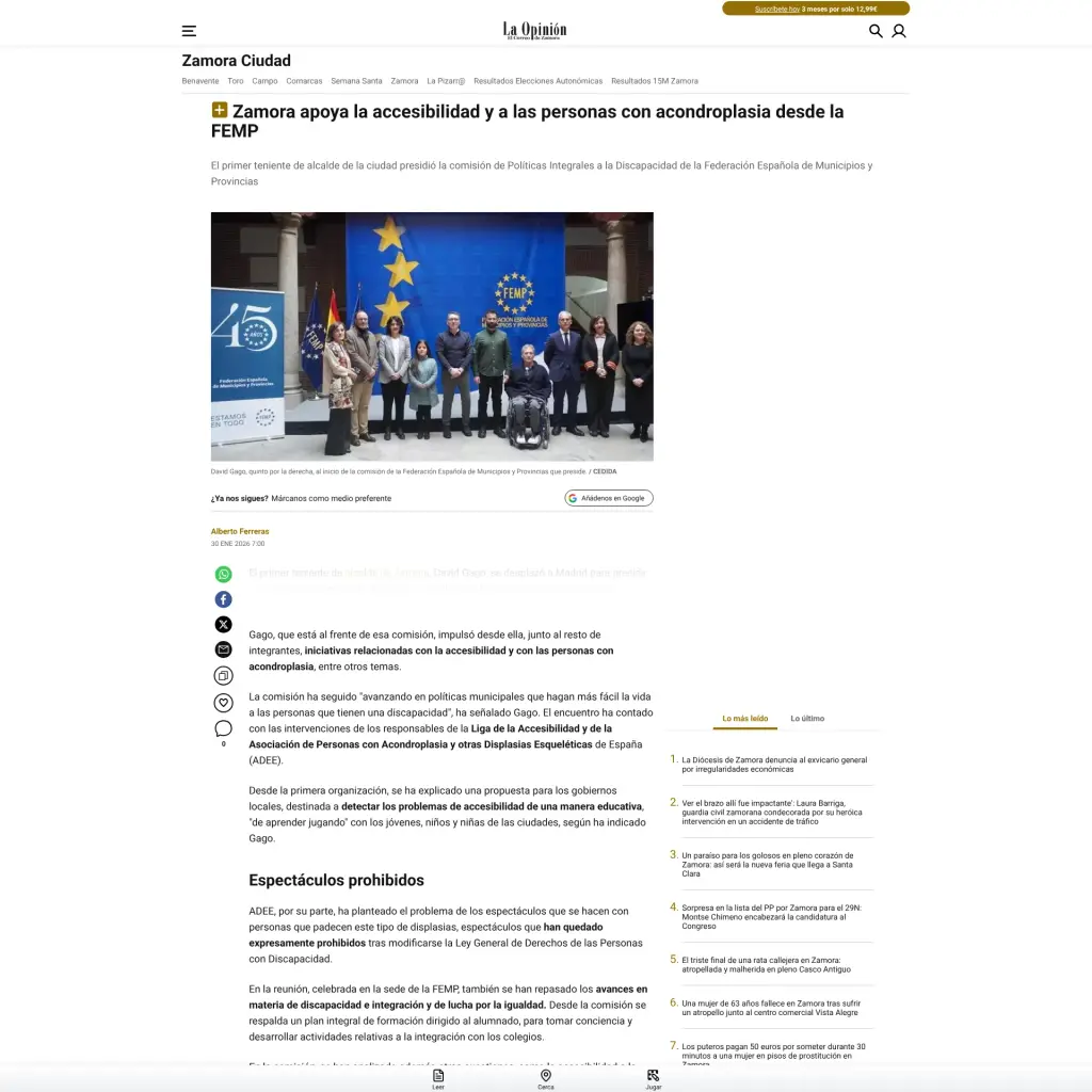 Zamora apoya la accesibilidad y a las personas con acondroplasia desde la FEMP