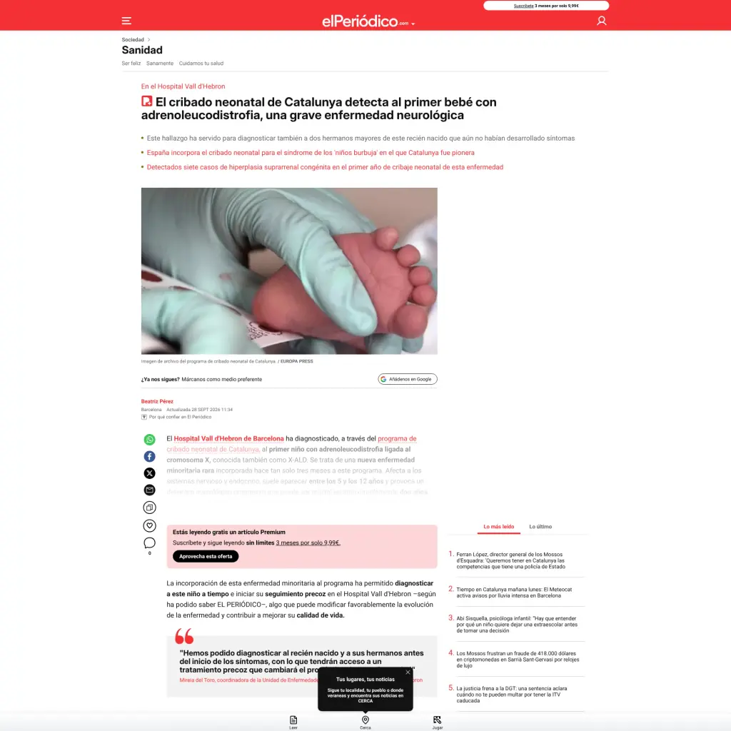 El cribado neonatal de Catalunya detecta al primer bebé con adrenoleucodistrofia, una grave enfermedad neurológica