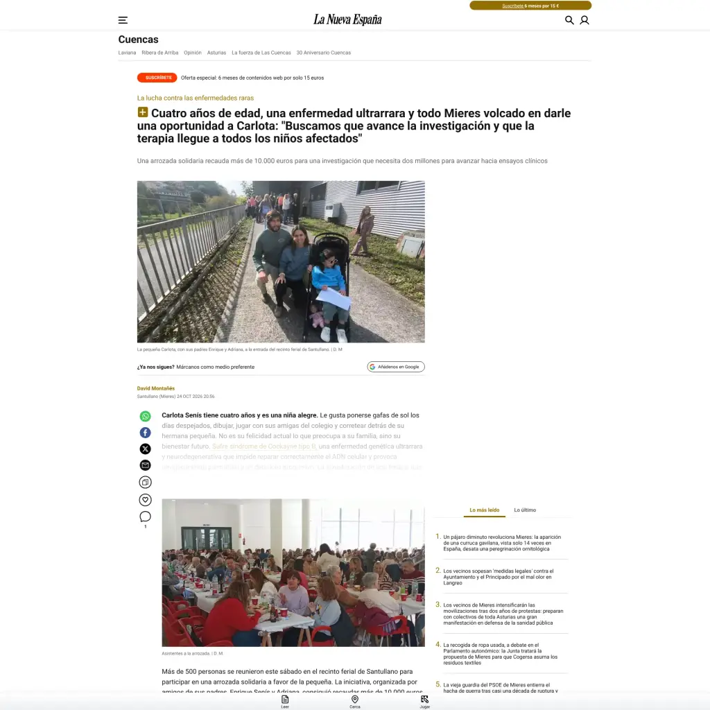 Cuatro años de edad, una enfermedad ultrarrara y todo Mieres volcado en darle una oportunidad a Carlota: "Buscamos que avance la investigación y que la terapia llegue a todos los niños afectados"