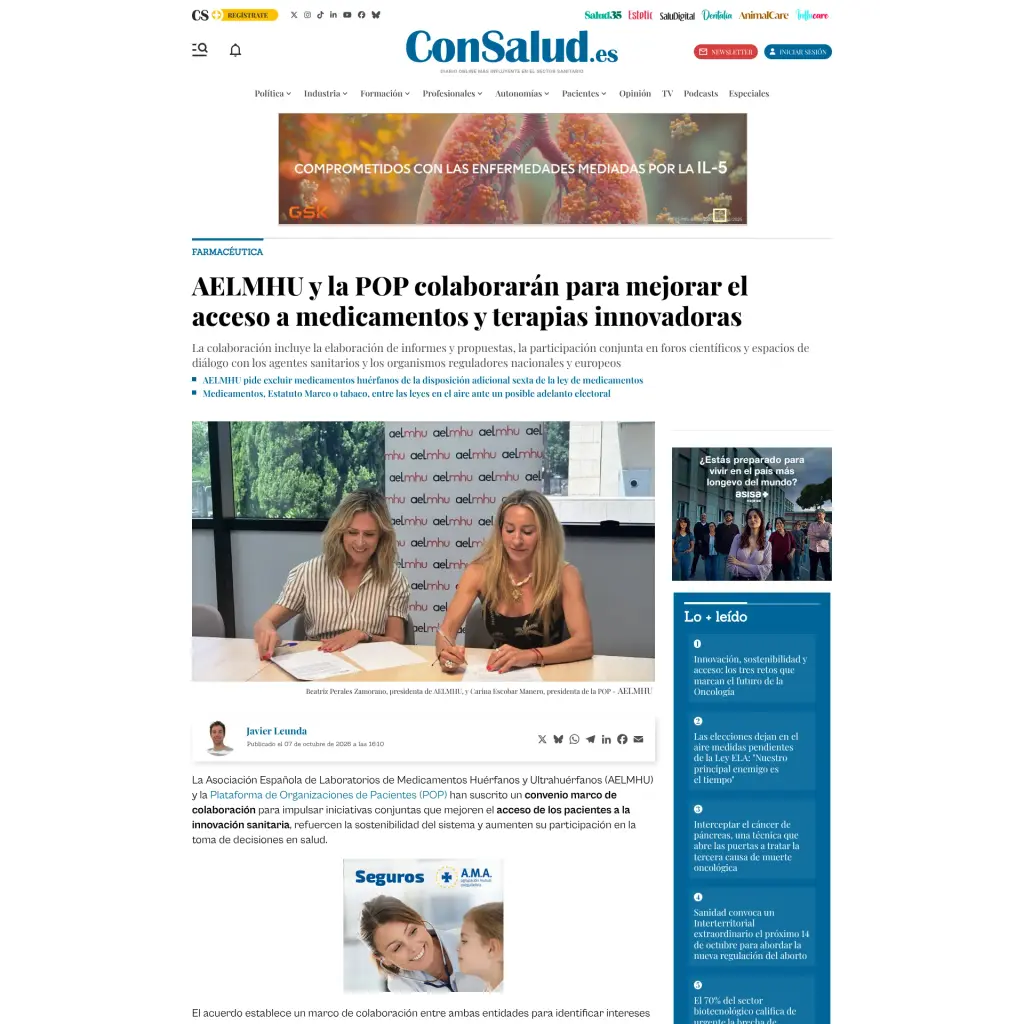 AELMHU y la POP colaborarán para mejorar el acceso a medicamentos y terapias innovadoras
