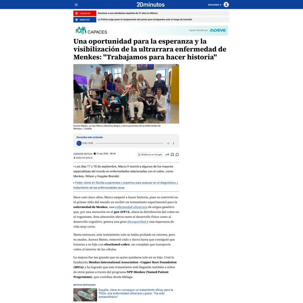 Una oportunidad para la esperanza y la visibilización de la ultrarrara enfermedad de Menkes: "Trabajamos para hacer historia"