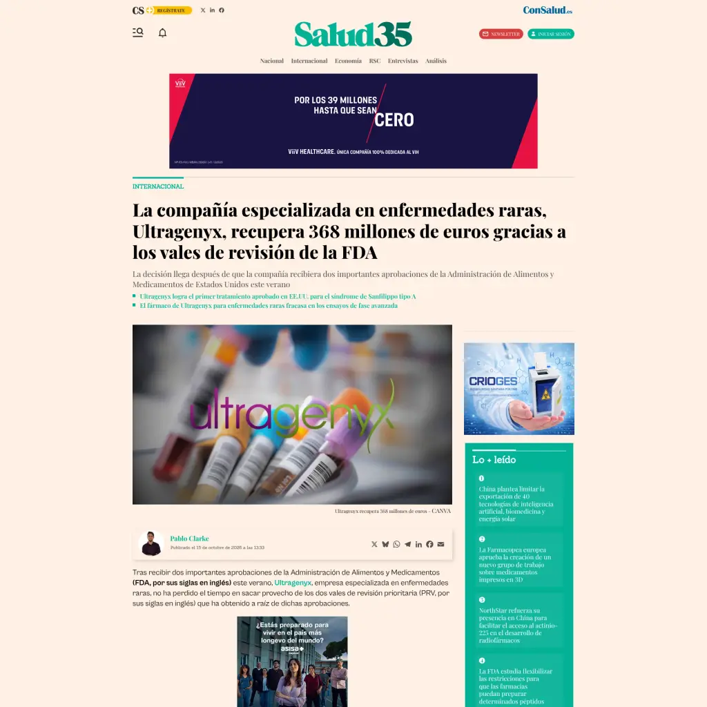 La compañía especializada en enfermedades raras, Ultragenyx, recupera 368 millones de euros gracias a los vales de revisión de la FDA