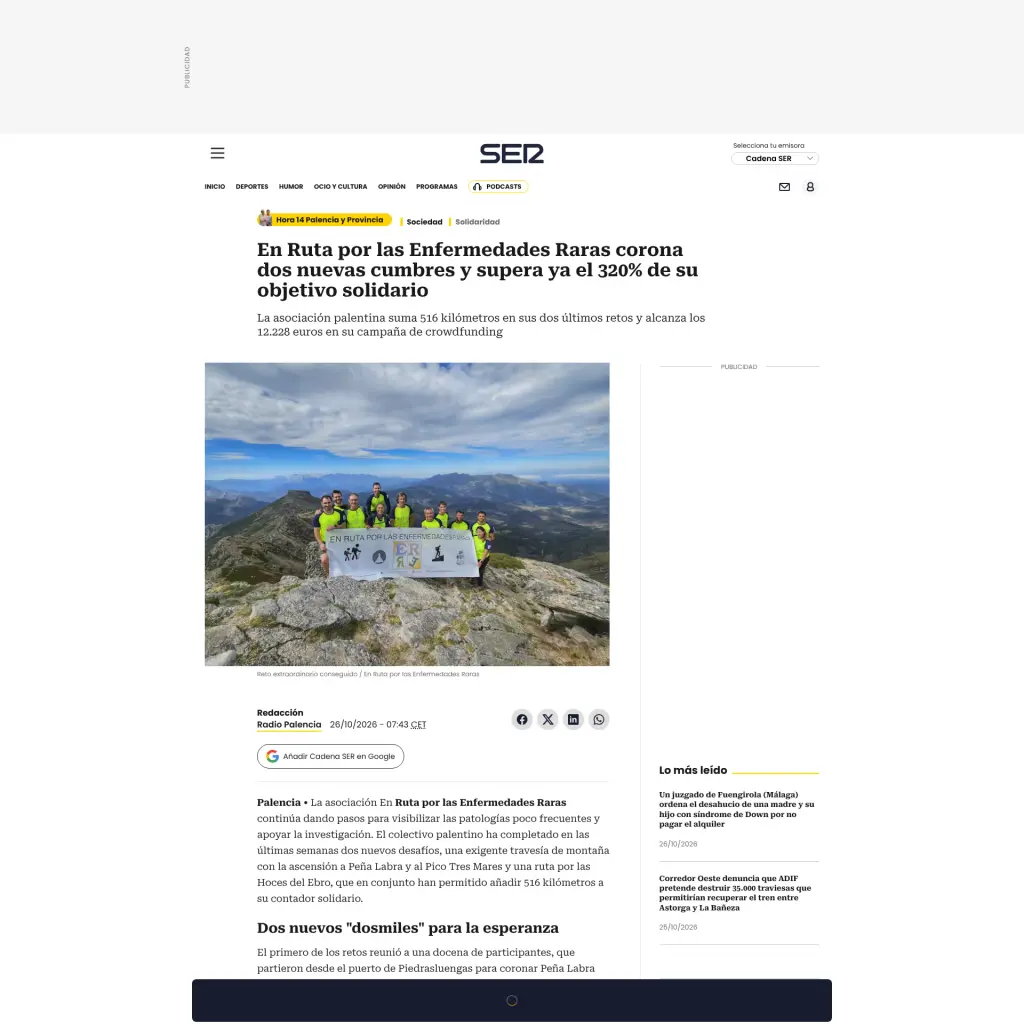 En Ruta por las Enfermedades Raras corona dos nuevas cumbres y supera ya el 320% de su objetivo solidario