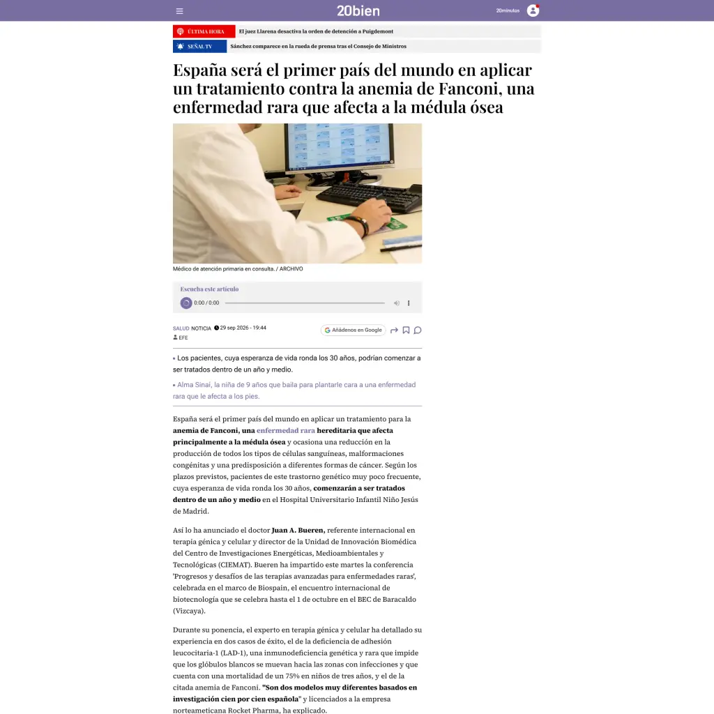 España será el primer país del mundo en aplicar un tratamiento contra la anemia de Fanconi, una enfermedad rara que afecta a la médula ósea