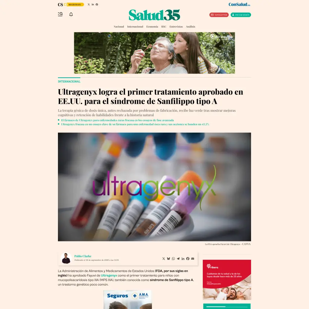 Ultragenyx logra el primer tratamiento aprobado en EE.UU. para el síndrome de Sanfilippo tipo A