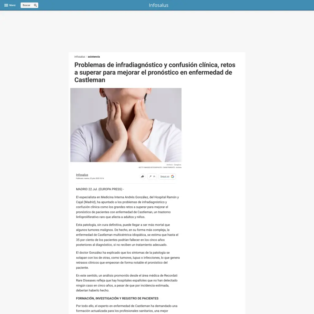 Problemas de infradiagnóstico y confusión clínica, retos a superar para mejorar el pronóstico en enfermedad de Castleman