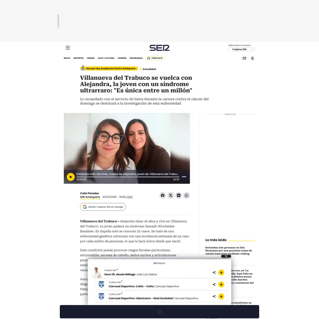 Villanueva del Trabuco se vuelca con Alejandra, la joven con un síndrome ultrarraro: "Es única entre un millón"