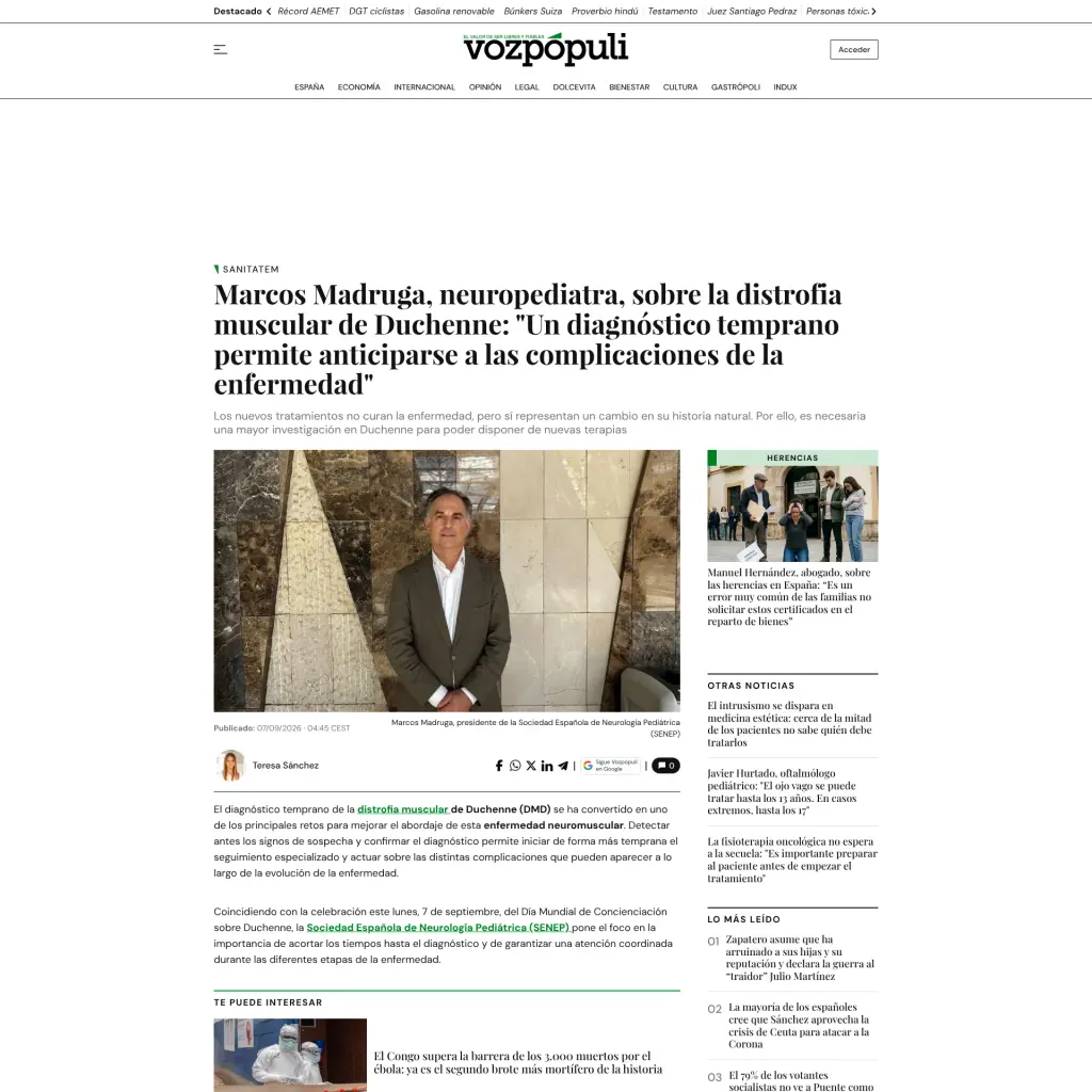 Marcos Madruga, neuropediatra, sobre la distrofia muscular de Duchenne: "Un diagnóstico temprano permite anticiparse a las complicaciones de la enfermedad"