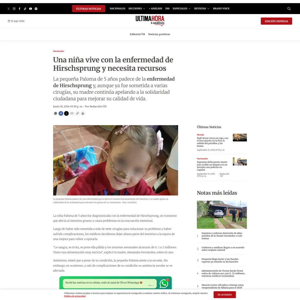 Una niña vive con la enfermedad de Hirschsprung y necesita recursos