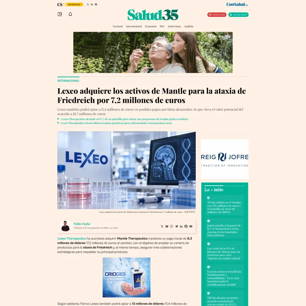 Lexeo adquiere los activos de Mantle para la ataxia de Friedreich por 7,2 millones de euros