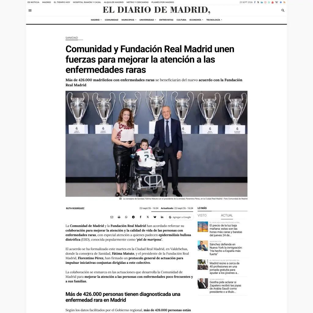 Comunidad y Fundación Real Madrid unen fuerzas para mejorar la atención a las enfermedades raras