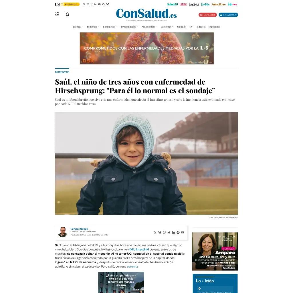 Saúl, el niño de tres años con enfermedad de Hirschsprung: "Para él lo normal es el sondaje"