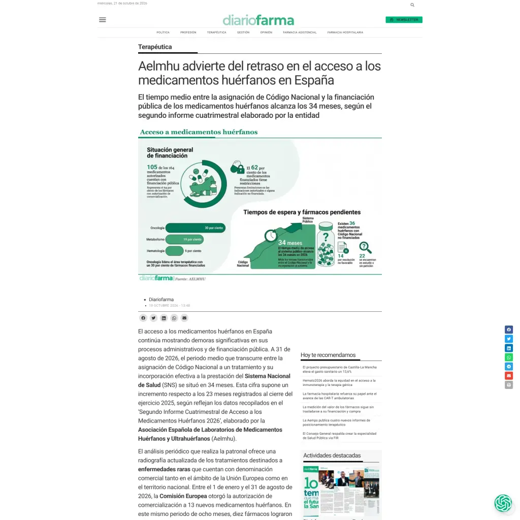 Aelmhu advierte del retraso en el acceso a los medicamentos huérfanos en España