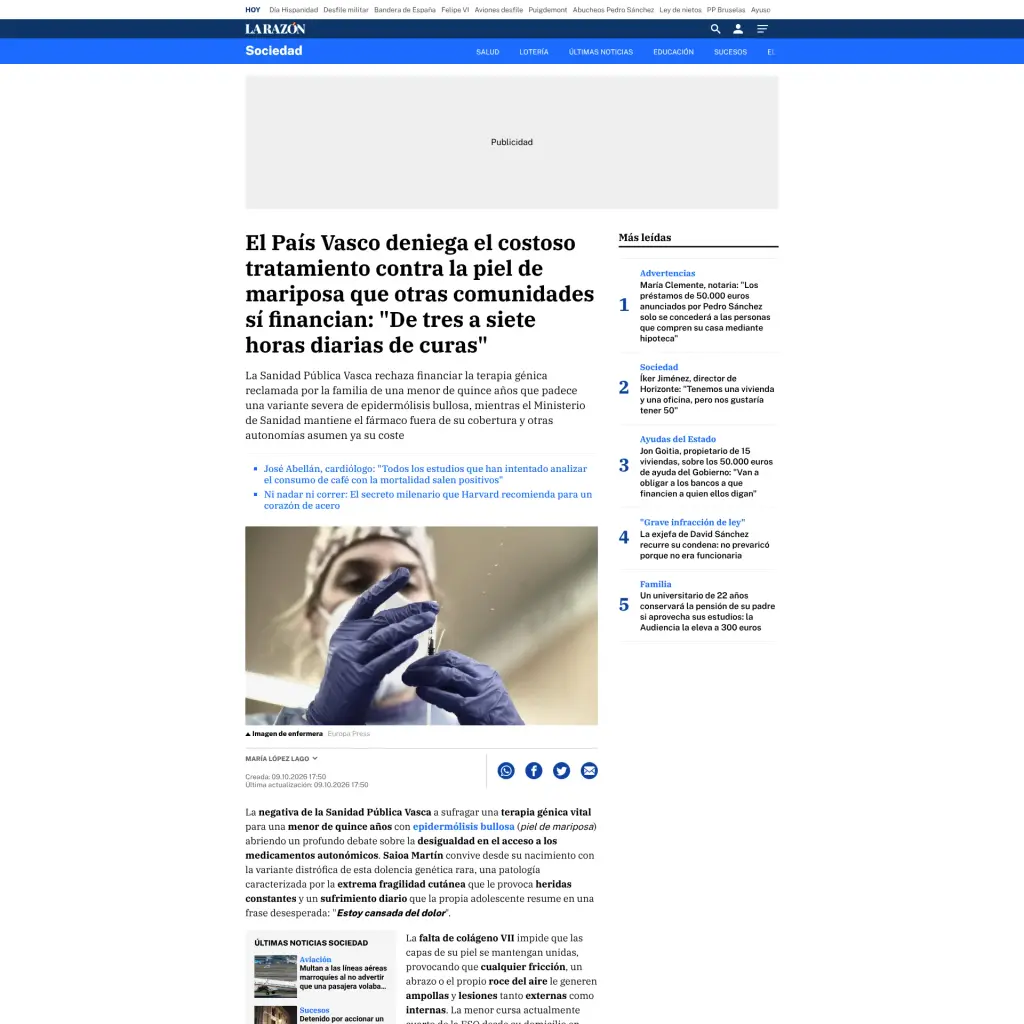    El País Vasco deniega el costoso tratamiento contra la piel de mariposa que otras comunidades sí financian: "De tres a siete horas diarias de curas"