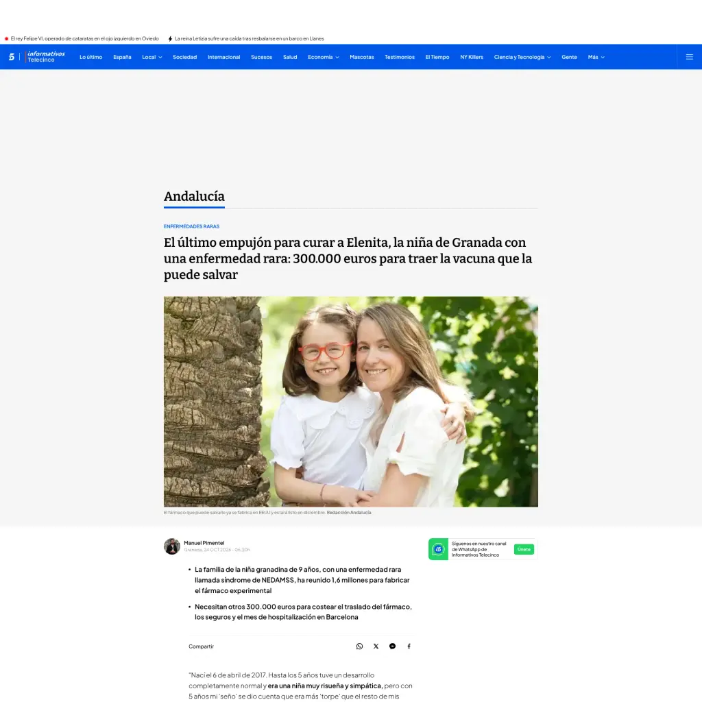 El último empujón para curar a Elenita, la niña de Granada con una enfermedad rara: 300.000 euros para traer la vacuna que la puede salvar