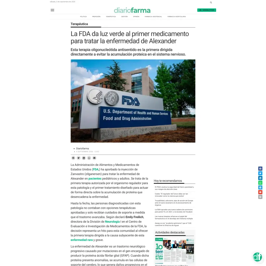 La FDA da luz verde al primer medicamento para tratar la enfermedad de Alexander