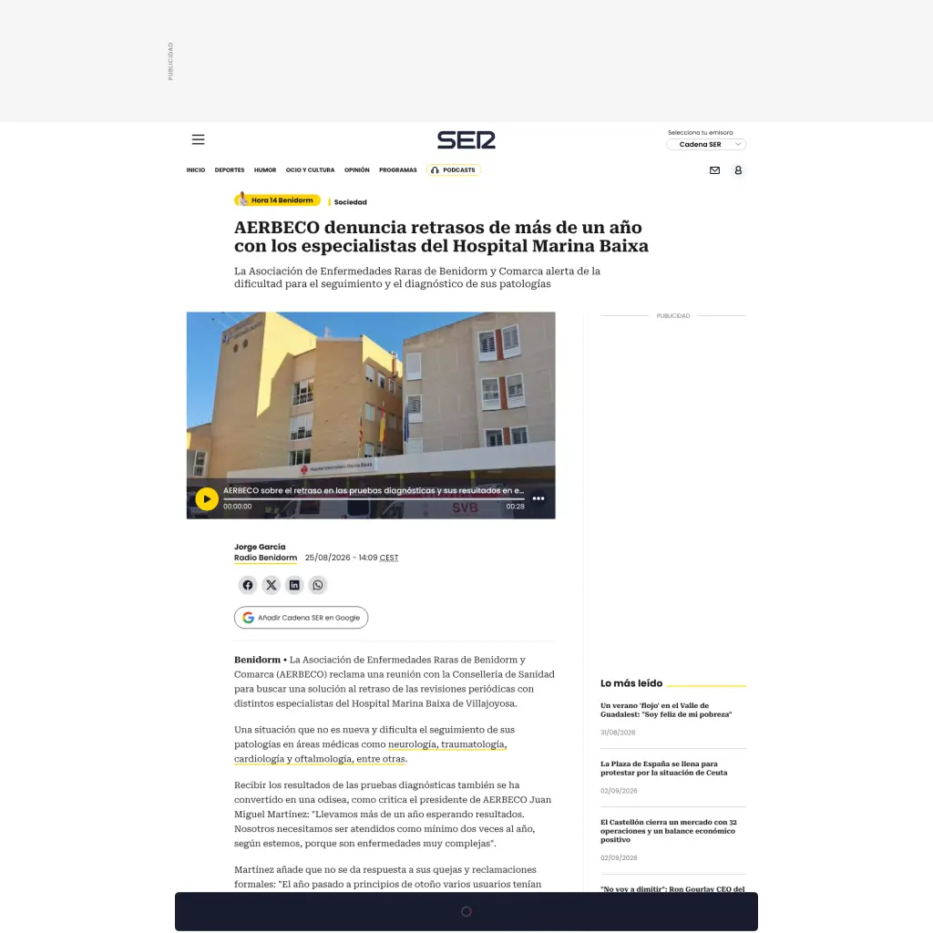 AERBECO denuncia retrasos de más de un año con los especialistas del Hospital Marina Baixa
