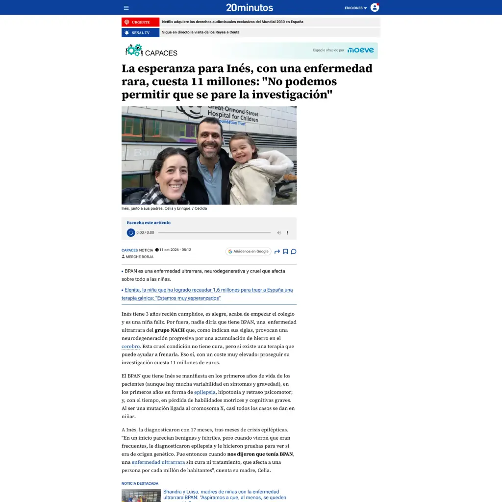 La esperanza para Inés, con una enfermedad rara, cuesta 11 millones: "No podemos permitir que se pare la investigación"
