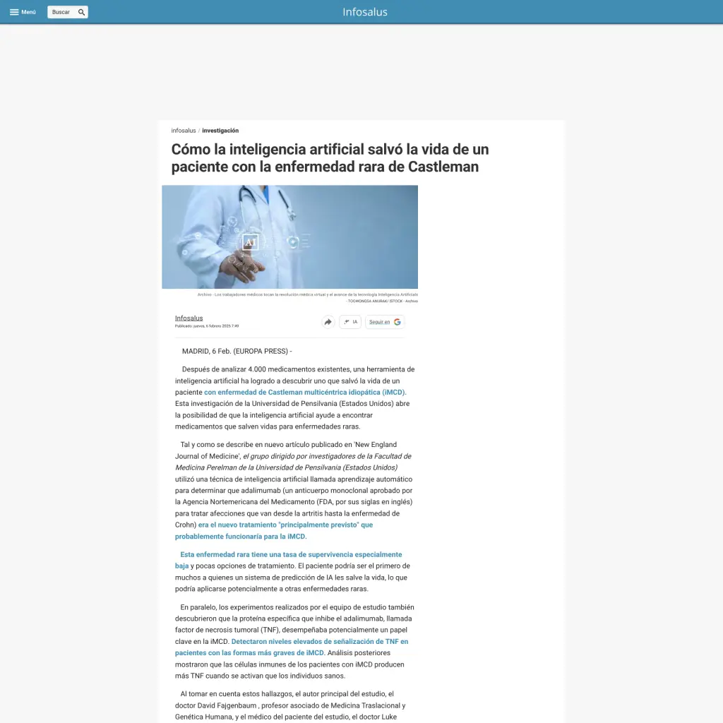 Cómo la inteligencia artificial salvó la vida de un paciente con la enfermedad rara de Castleman