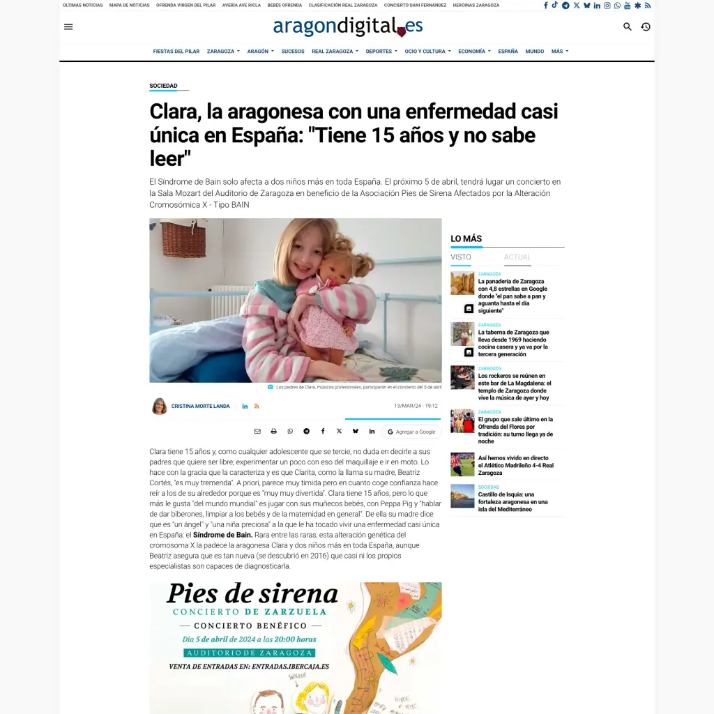 Clara, la aragonesa con una enfermedad casi única en España: "Tiene 15 años y no sabe leer"