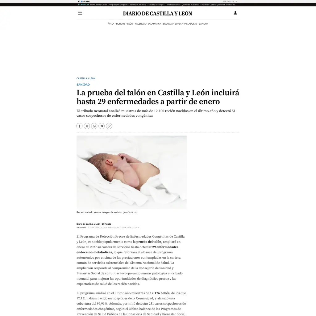 La prueba del talón en Castilla y León incluirá hasta 29 enfermedades a partir de enero