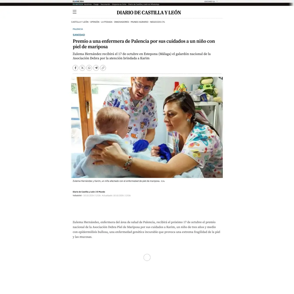 Premio a una enfermera de Palencia por sus cuidados a un niño con piel de mariposa