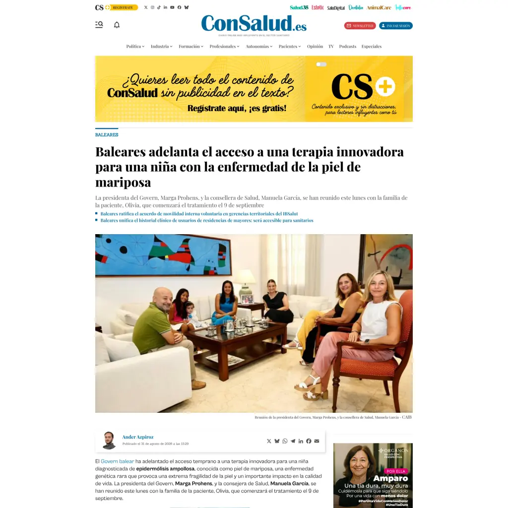 Baleares adelanta el acceso a una terapia innovadora para una niña con la enfermedad de la piel de mariposa