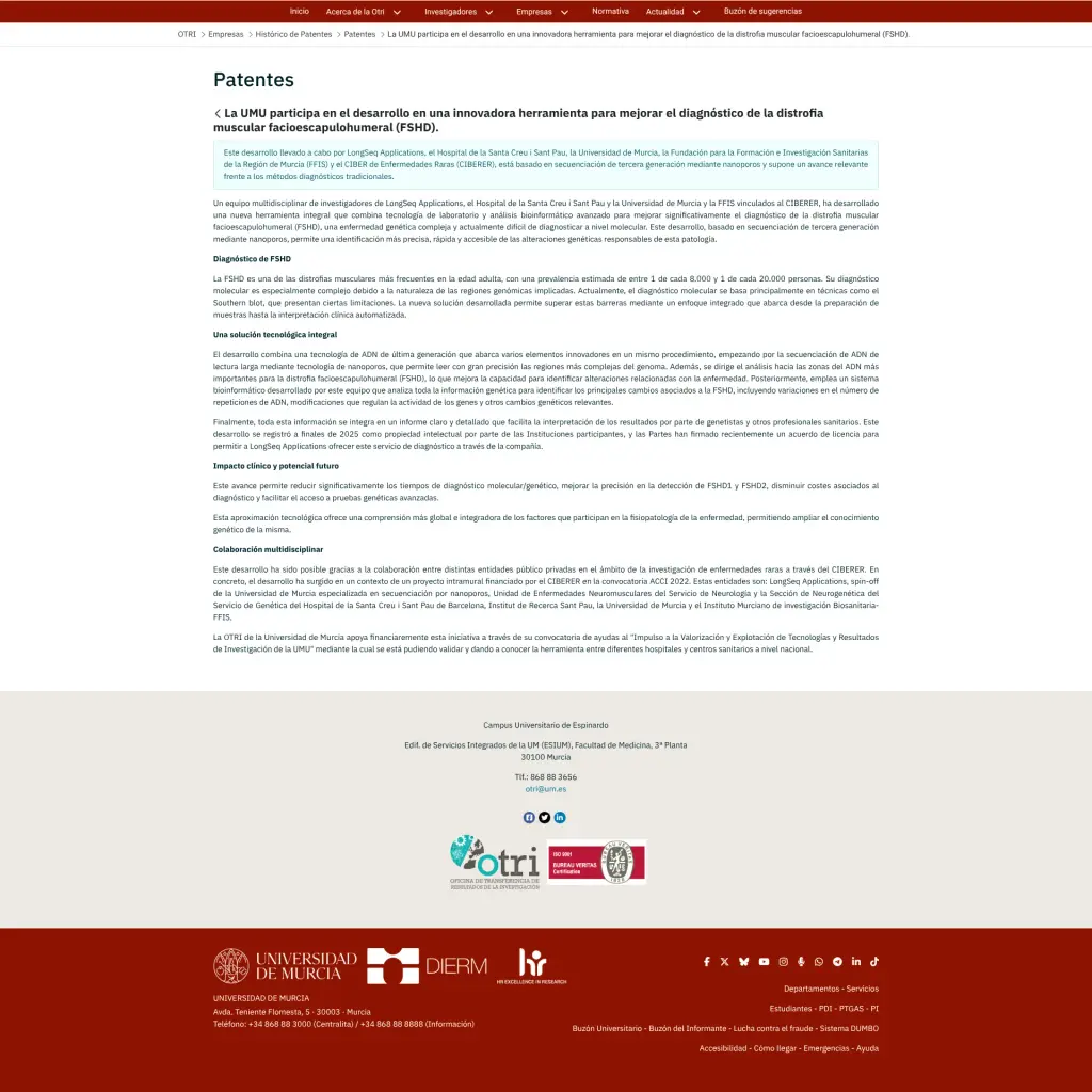 La UMU participa en el desarrollo en una innovadora herramienta para mejorar el diagnóstico de la distrofia muscular facioescapulohumeral (FSHD).