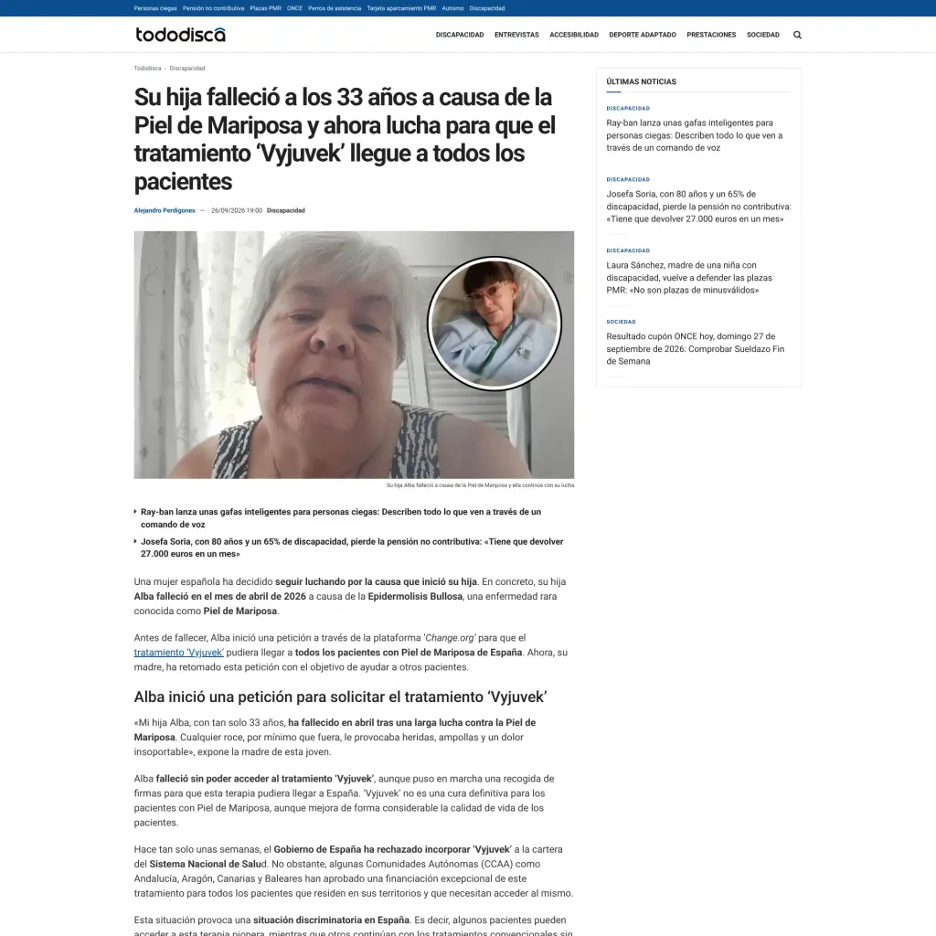 Su hija falleció a los 33 años a causa de la Piel de Mariposa y ahora lucha para que el tratamiento ‘Vyjuvek’ llegue a todos los pacientes
