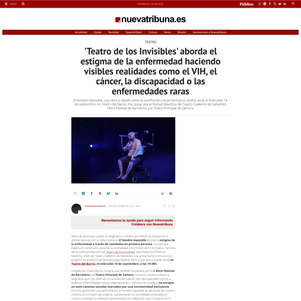 'Teatro de los Invisibles' aborda el estigma de la enfermedad haciendo visibles realidades como el VIH, el cáncer, la discapacidad o las enfermedades raras