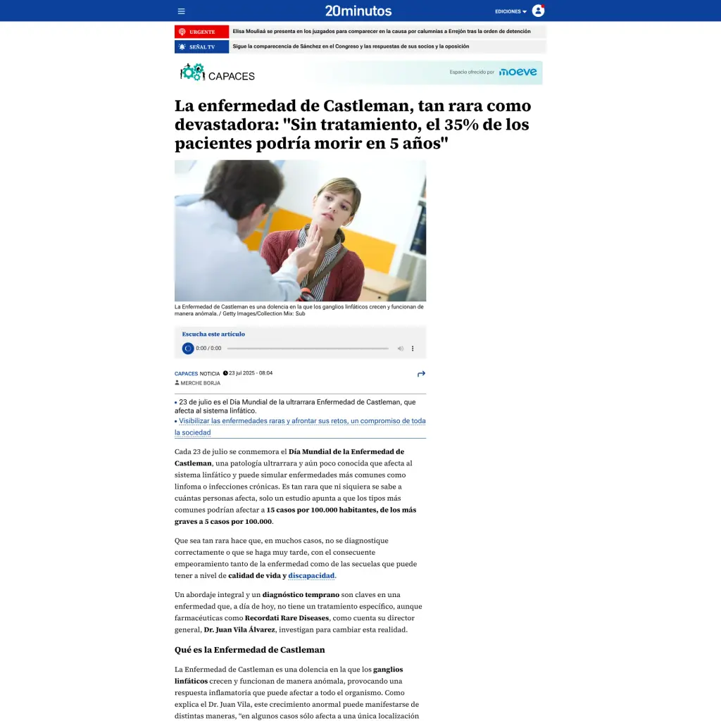 La enfermedad de Castleman, tan rara como devastadora: "Sin tratamiento, el 35% de los pacientes podría morir en 5 años"